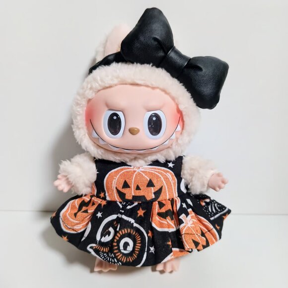 Custom Labubu Spooky Halloween Pumpkin Jack O Lantern Dress and Faux Leather Bow - Picture 1 of 5